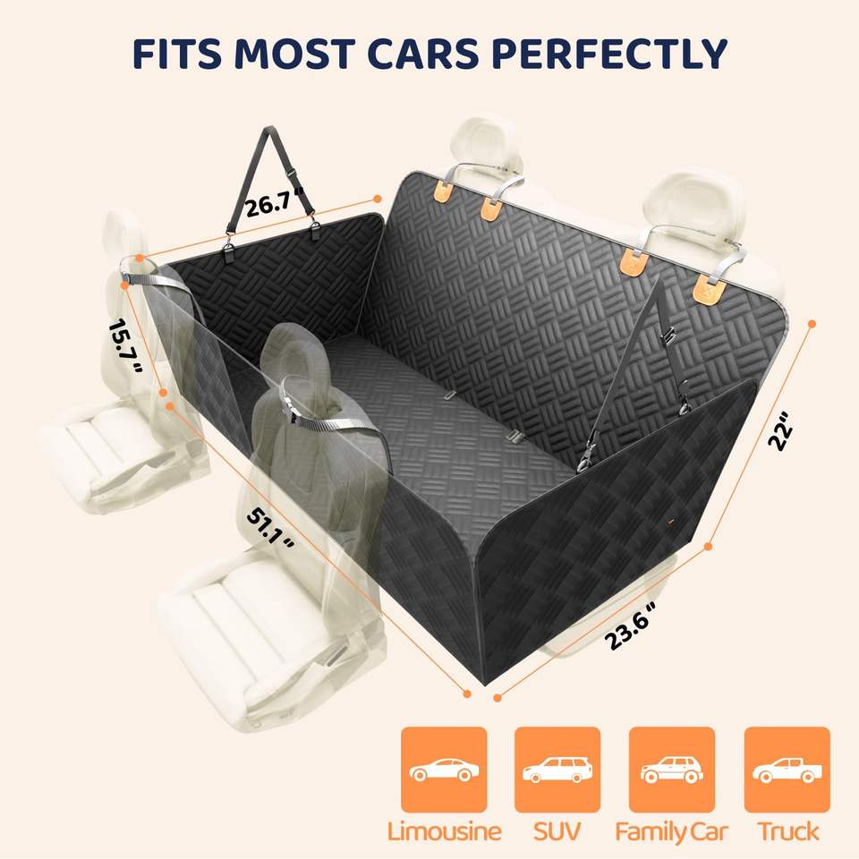 Waterproof Hard Bottom Car & Truck Seat Foldable Hammock Cover With Storage Pockets, Side Flaps, Headrest Straps, Seat Anchors, & Mesh Window (FREE SAFETY BELT!)
