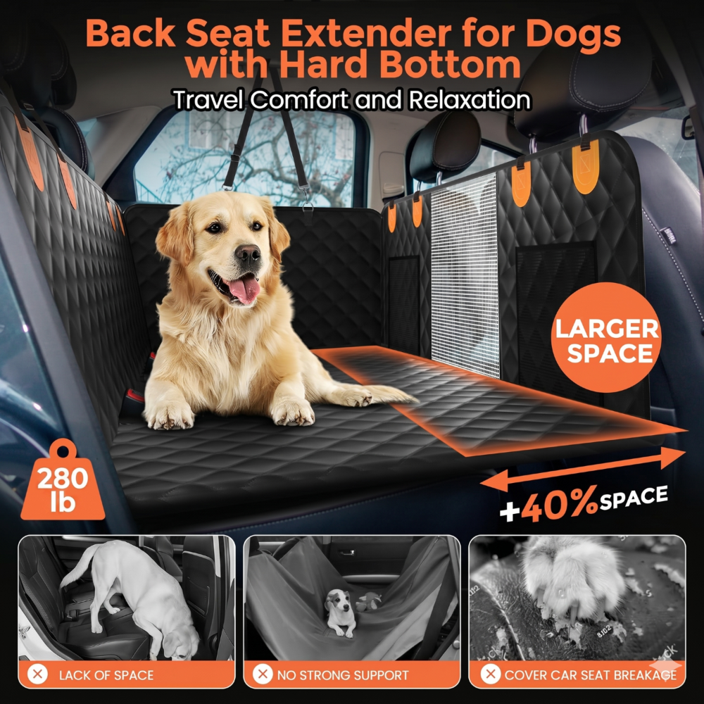 Back seat extender for dogs with hard bottom in a car, featuring a dog on the extended seat.